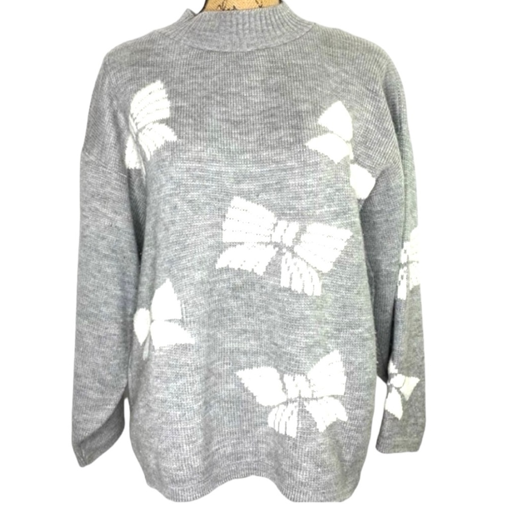Vintage 90’s Bow Themed Sweater Gray White Bows Size XL